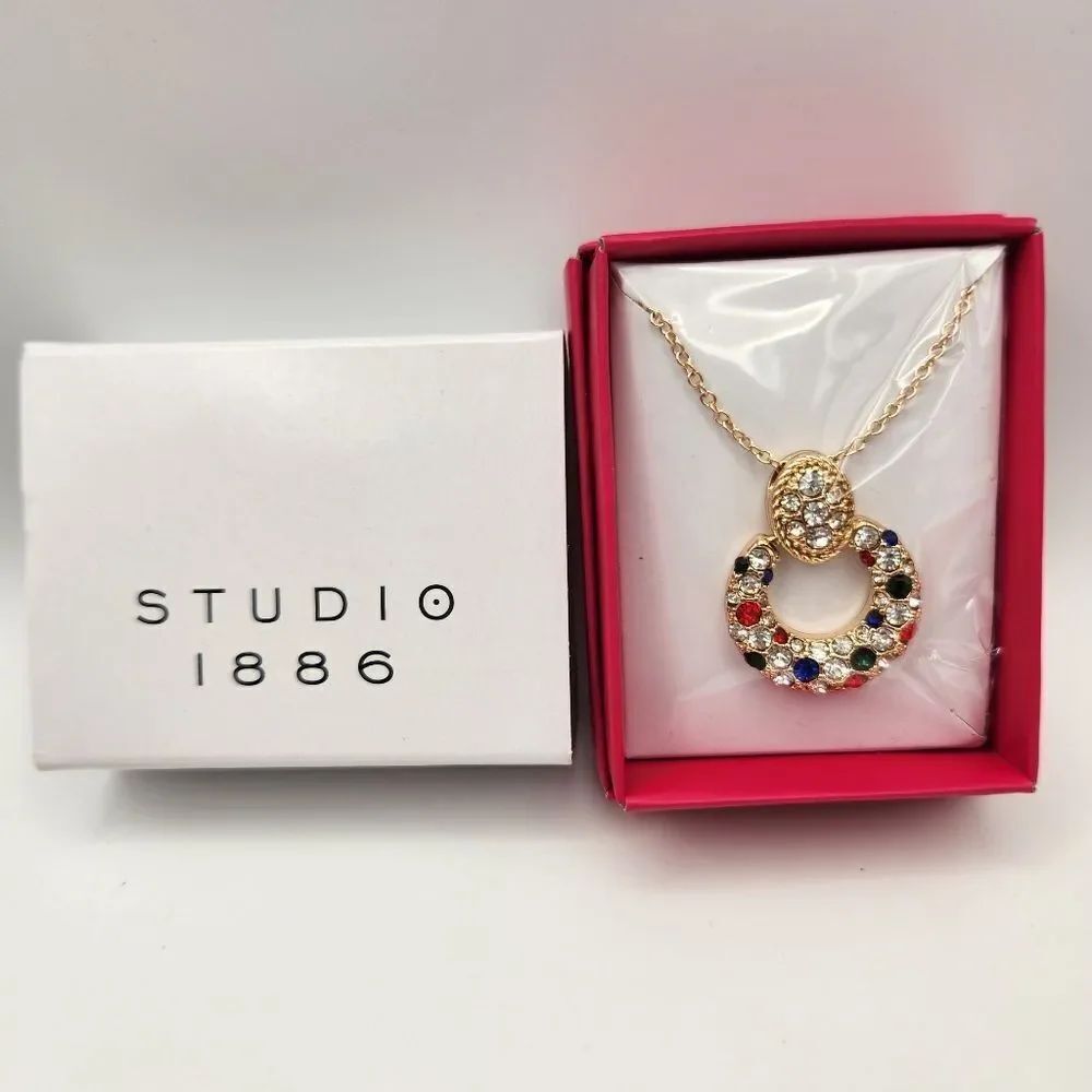 Studio 1886 Multi Pave Pendant Necklace Multicolor Goldtone Fashion Jewelry Avon